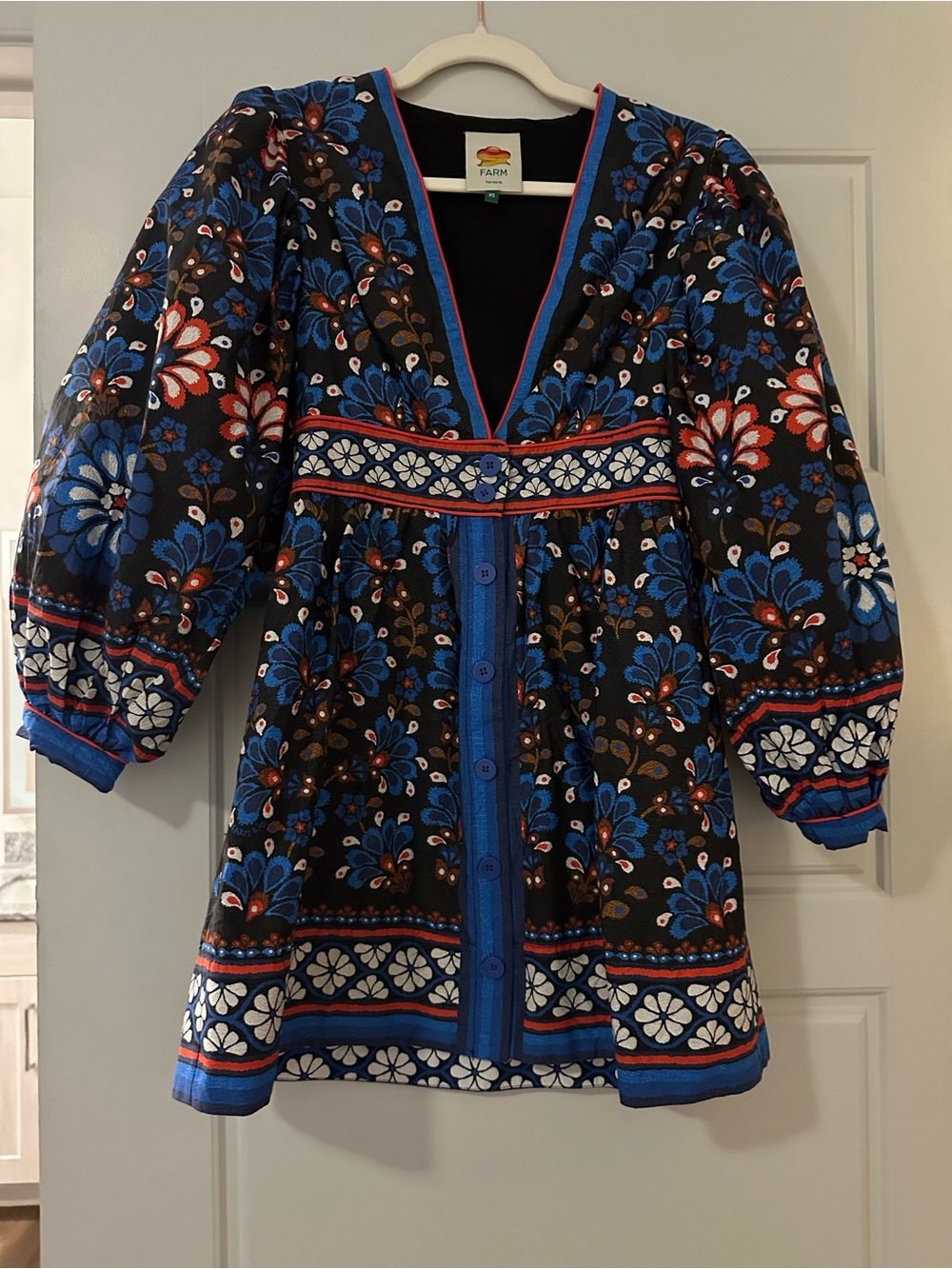 FARM Rio Blue, Black & White Floral Mini Dress